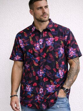 Retro Rifle Tropics Button Up Shirt XL Floral Tropical Print Black Pink Purple